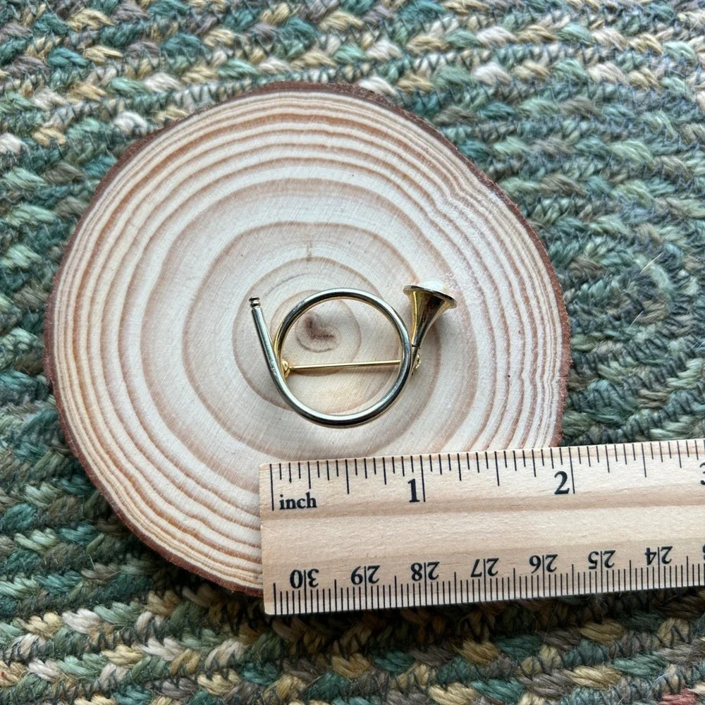 Vintage Two Tone French Horn Brooch with Faux Pearl Musical Instrument Pin
